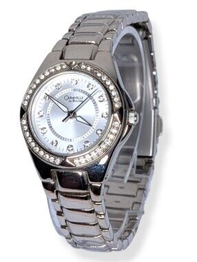 Caravelle Bulova Womens Watch Silver Tone Rhinestone Bezel Mother of Pearl Dial